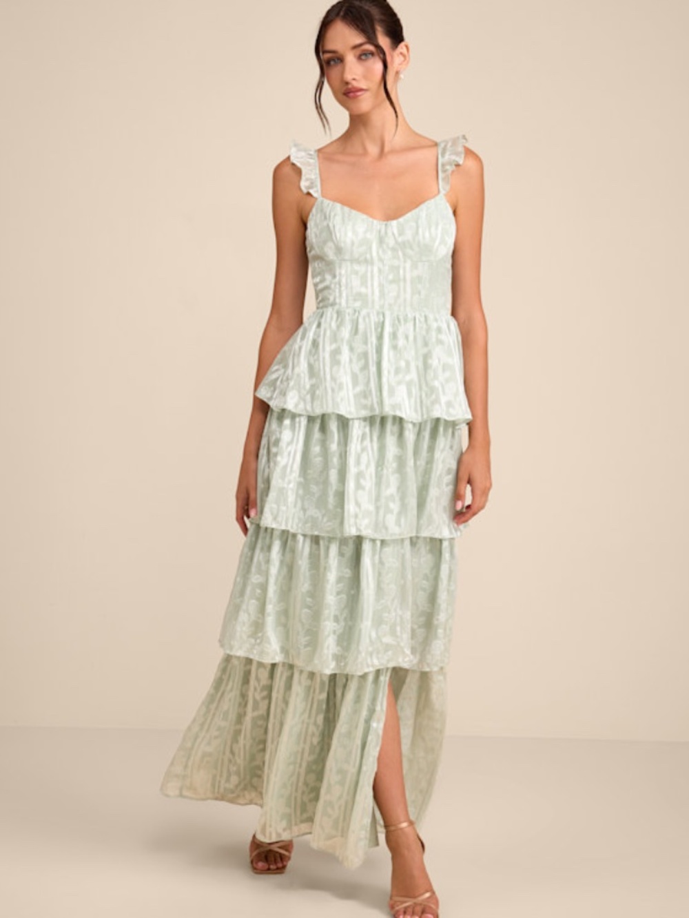 Lulus Stunning Glory Sage Green Floral Jacquard Tiered Maxi Dress - Size XXS